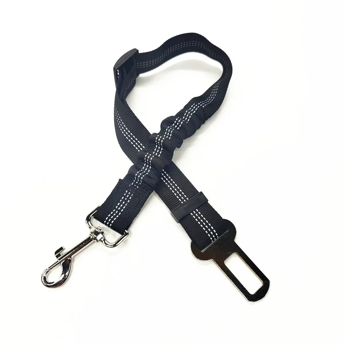 Navy blue dog harness with a clip on a white background