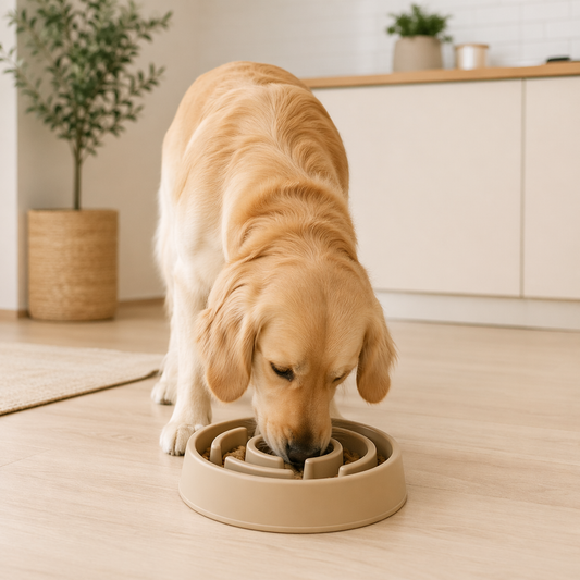 Dog using a slow feeder bowl to eat calmly, representing solutions for dogs that eat too fast.