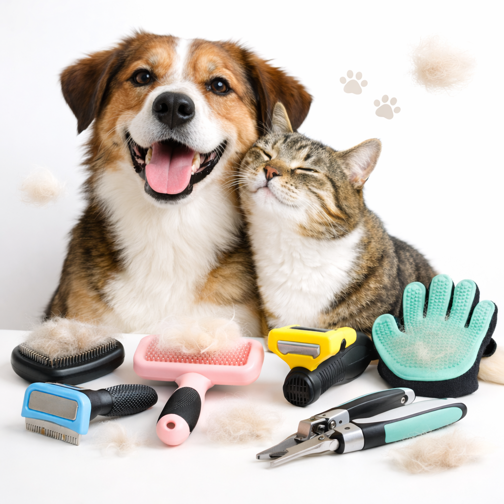 Pet grooming and hair removal tools for dogs and cats including deshedding combs and brushes