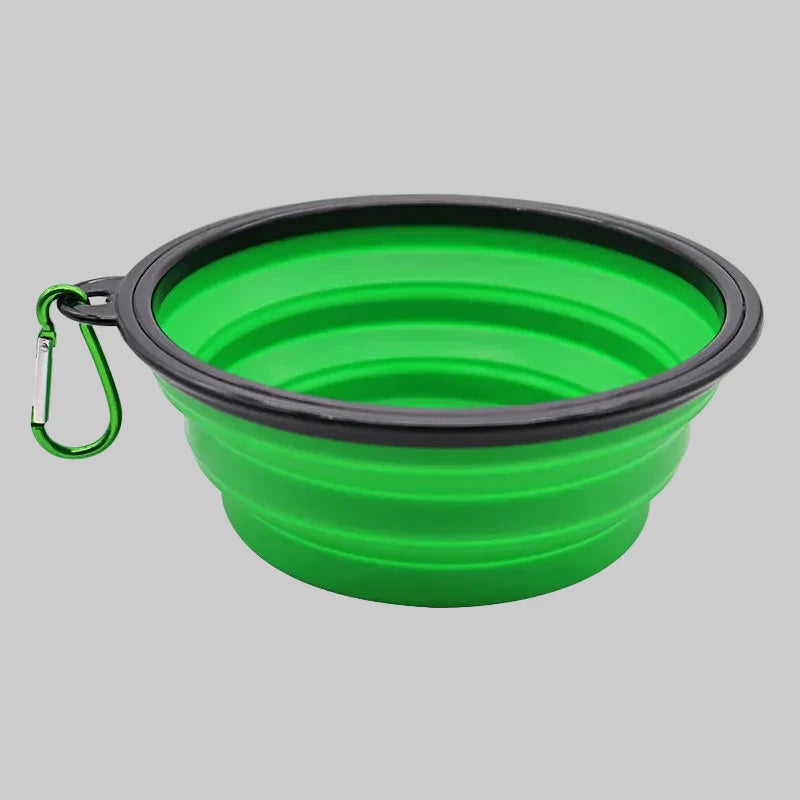 Green collapsible dog and cat bowl with black rim and carabiner
