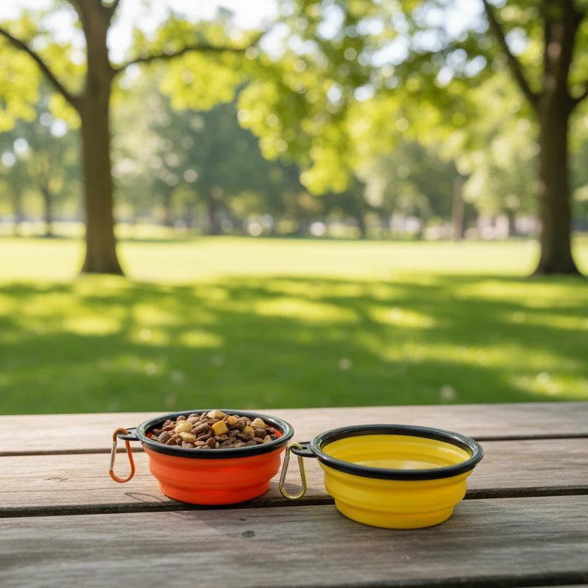 collapsible pet bowls on a park for dogs and cats