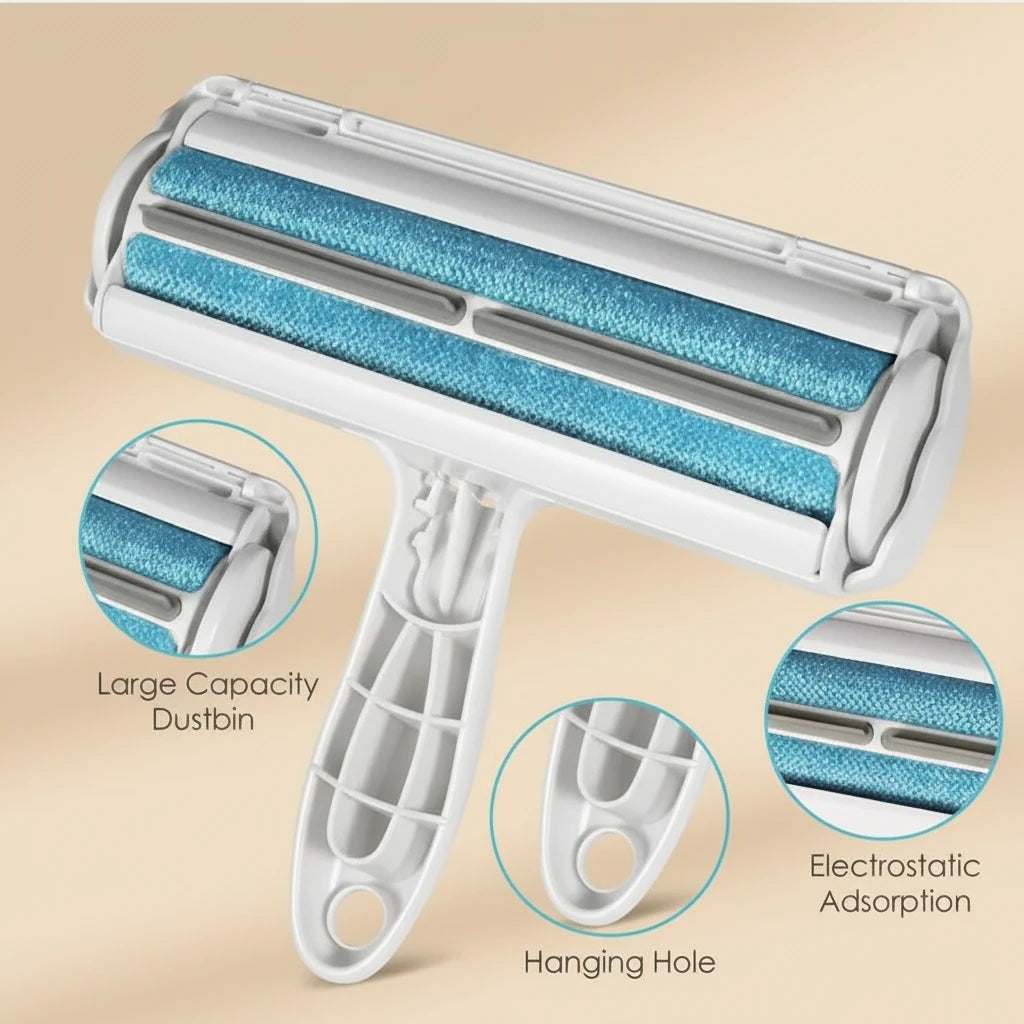 Pet hair removal roller with blue roller and white handle