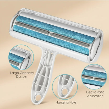 Pet hair removal roller with blue roller and white handle